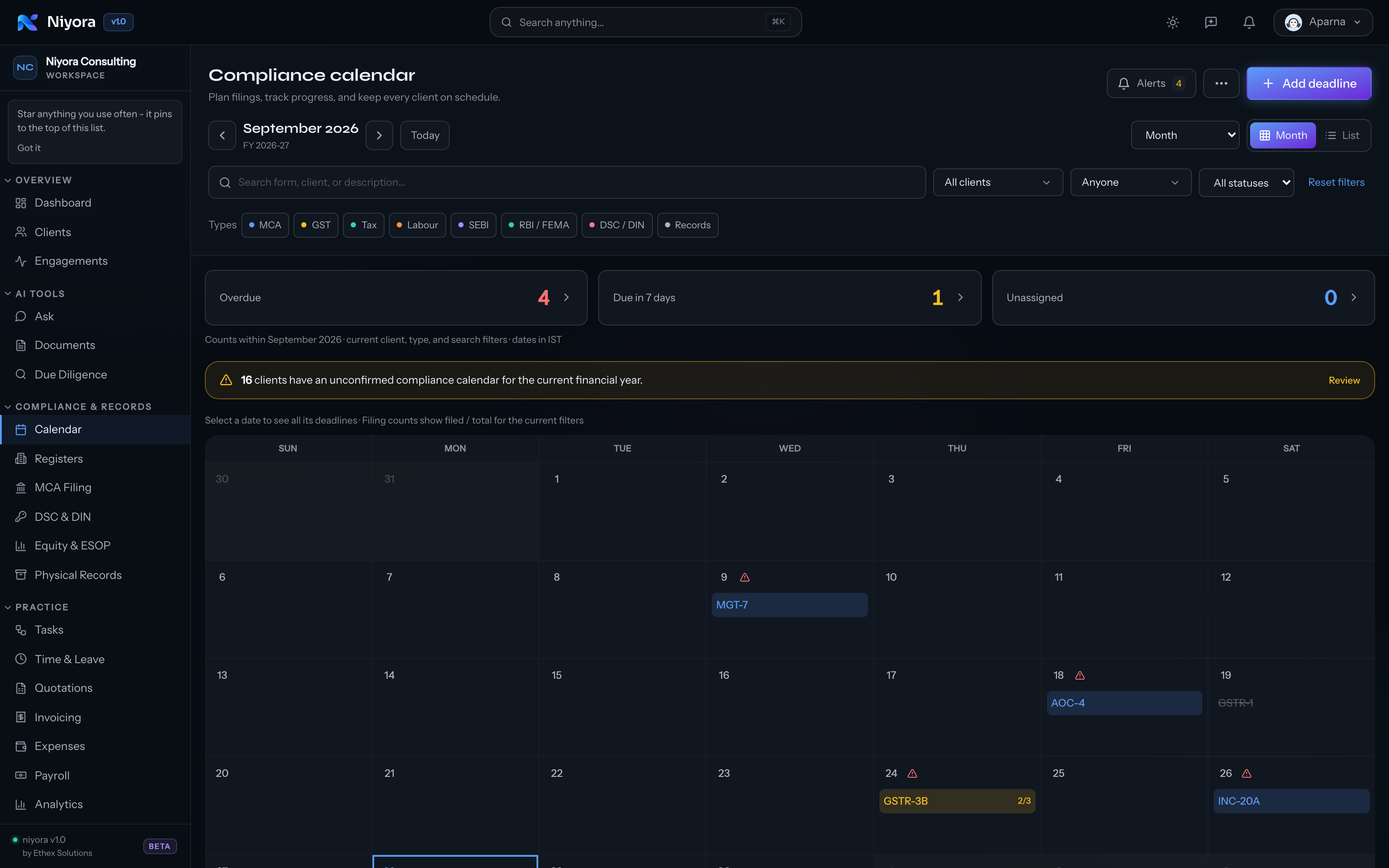 Niyora - Compliance calendar